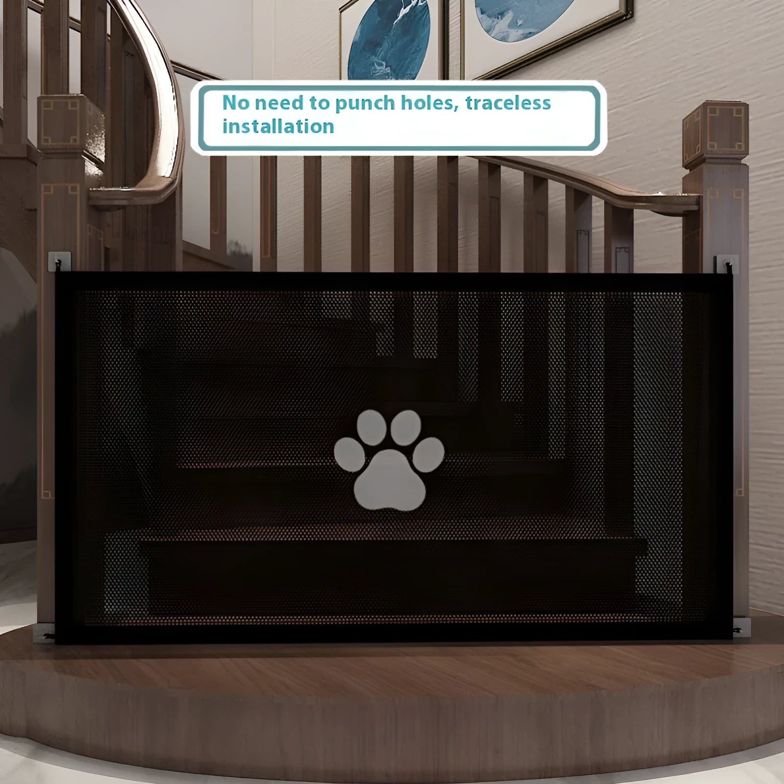 Folding cloth dog barrier fence with plastic rods, shown in dog footprint print, folded and unfolded.