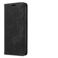 Magnetic flip phone case in synthetic leather showing closed front cover and open view revealing card slot for iPhone.