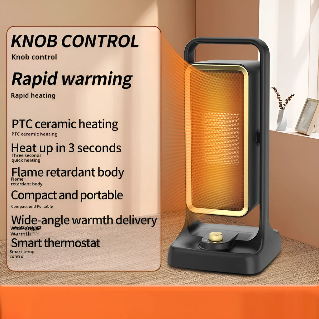 Black HQ-500A desktop PTC ceramic fan heater with control knob on front.