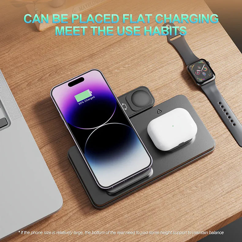 Folding bracket three-in-one wireless charger in black charging an iPhone, Apple Watch, and AirPods on a desk