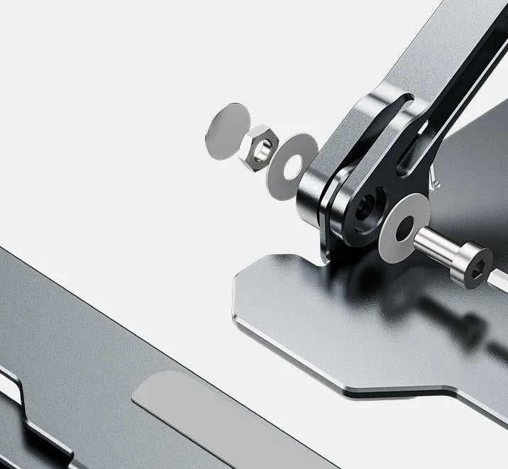 Grey portable aluminum laptop stand with adjustable angle, shown holding a silver laptop.
