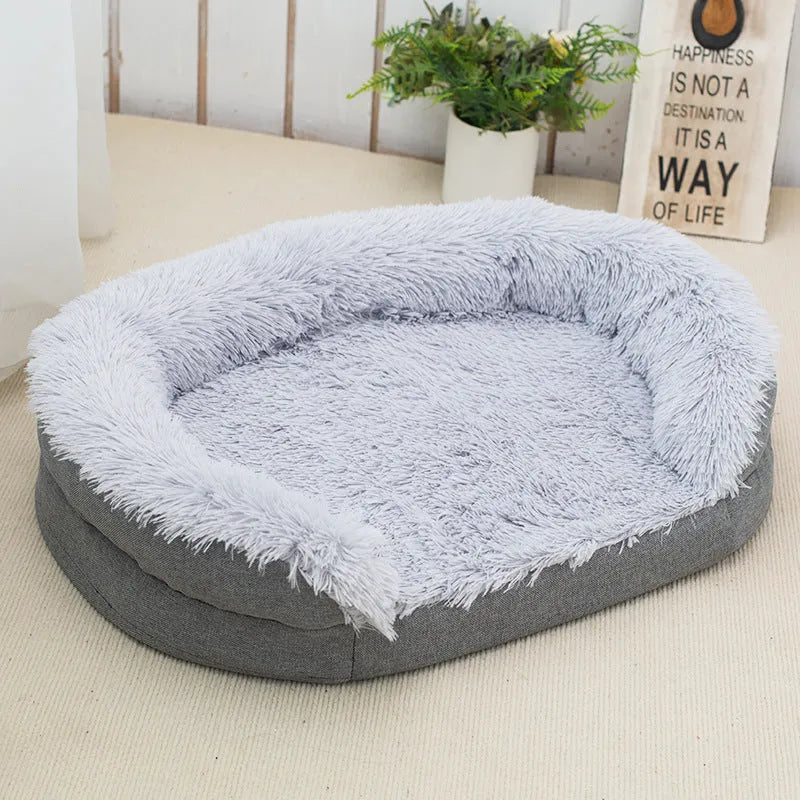 Gray plush dog kennel large size oval open nest with cloth interior