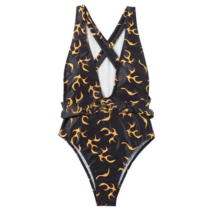 Ladies flame stripe bikini swimsuit two-piece set in flame pattern on a model