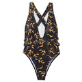 Ladies flame stripe bikini swimsuit two-piece set in flame pattern on a model