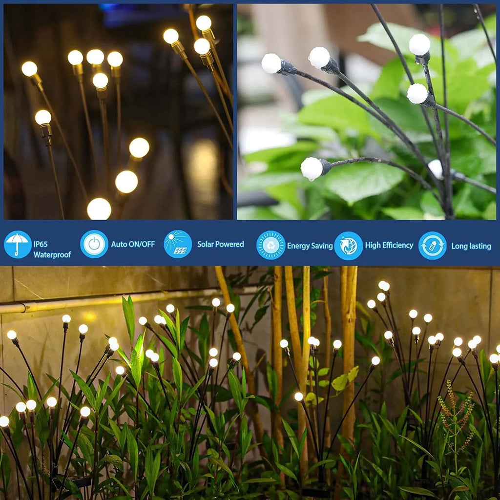 Solar-powered LED garden stake light with automatic sensor, shown pushed into soil beside plants.