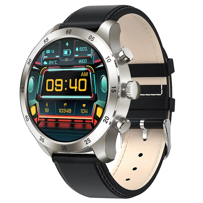 Black Bluetooth smartwatch with stainless steel strap showing a heart rate monitoring display on screen.