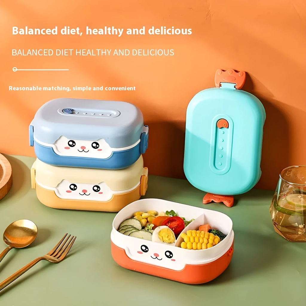 Square plastic divided lunch box with cartoon design in three colour options