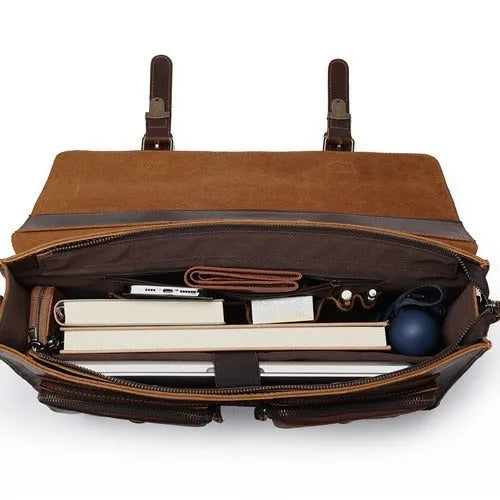 Genuine cowhide leather computer crossbody bag for business travel with anti-theft features