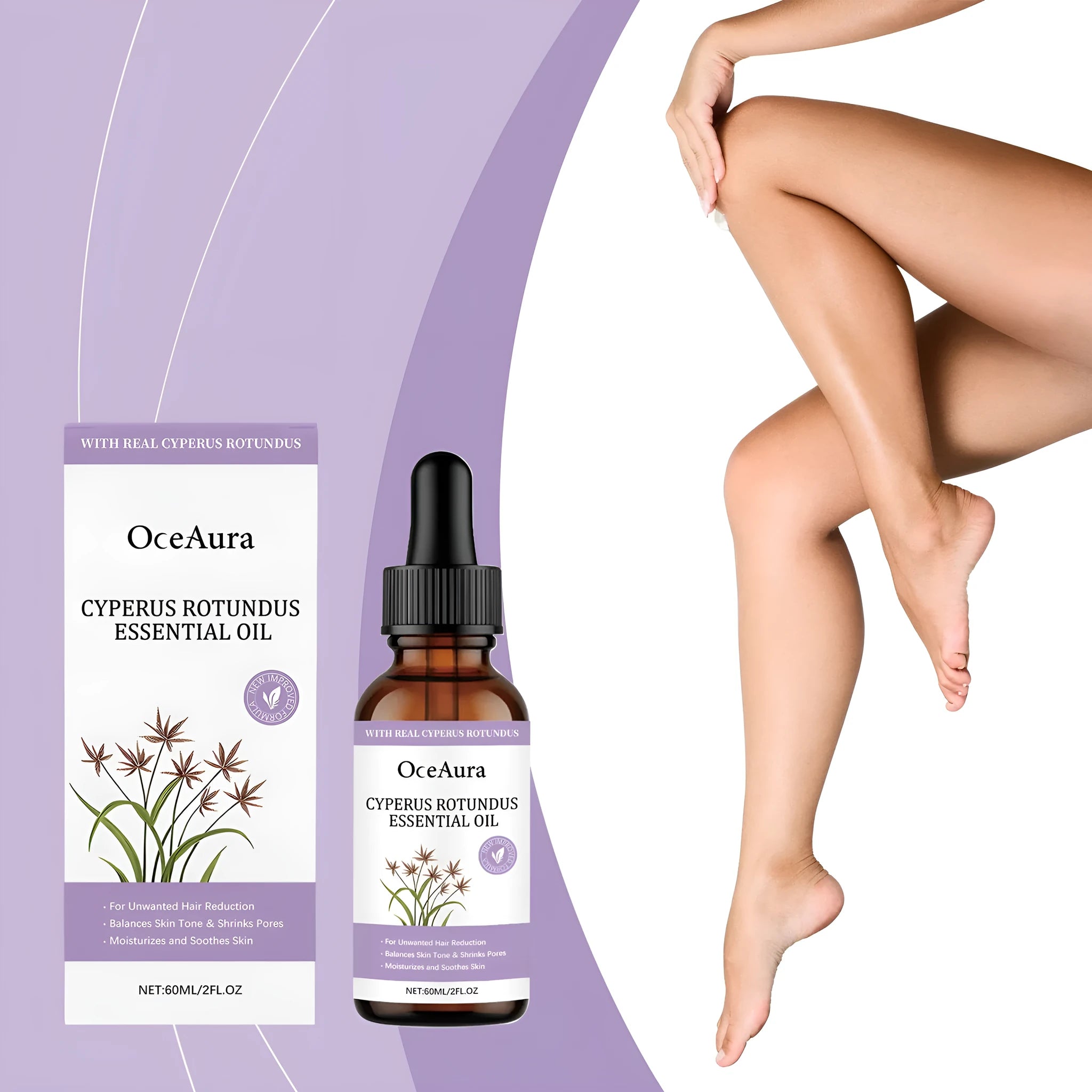 60ml bottle of hair removal essential oil softening treatment with botanical extracts