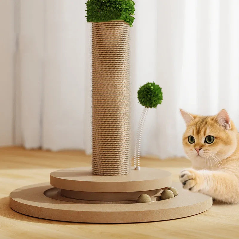 Vertical cat scratching post with natural hemp rope columns on a canna-coloured density plate base