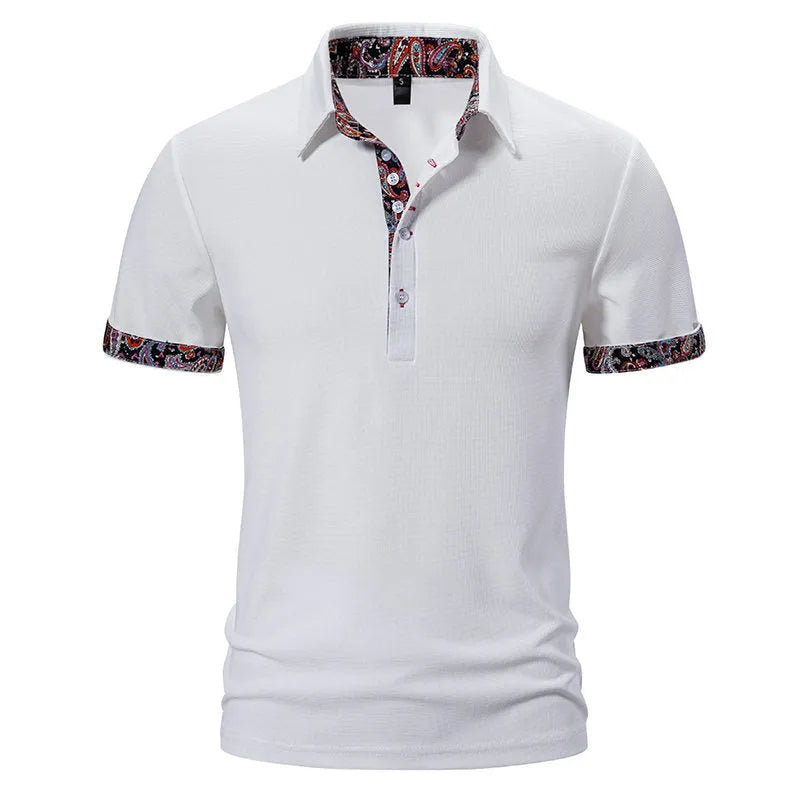 Men's white cotton blend polo shirt with turnover collar and colour stitching on short sleeves
