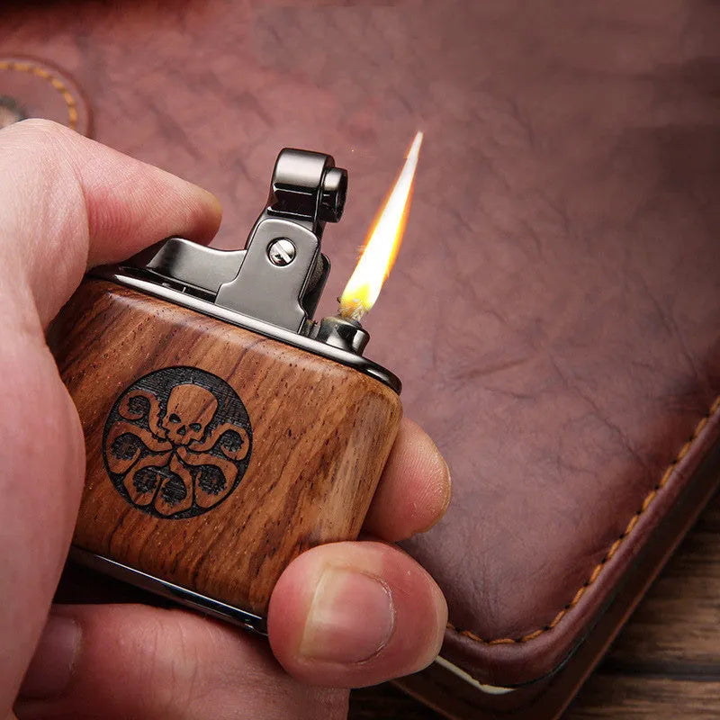 Wooden retro kerosene lighter with natural wood body, 53x50x20mm, in gift box with mahogany bamboo finish
