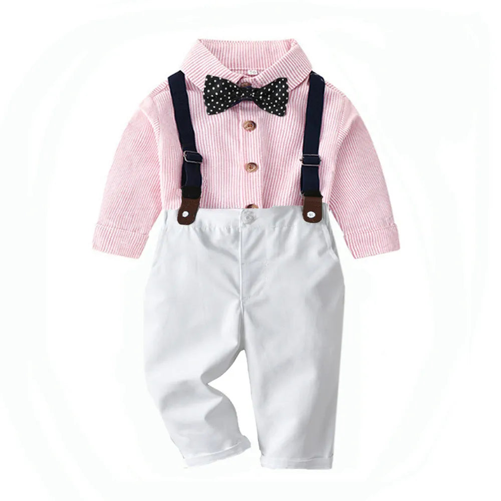 Boys' light blue cotton striped shirt and pants matching suit with hat, long sleeves, shoulder strap