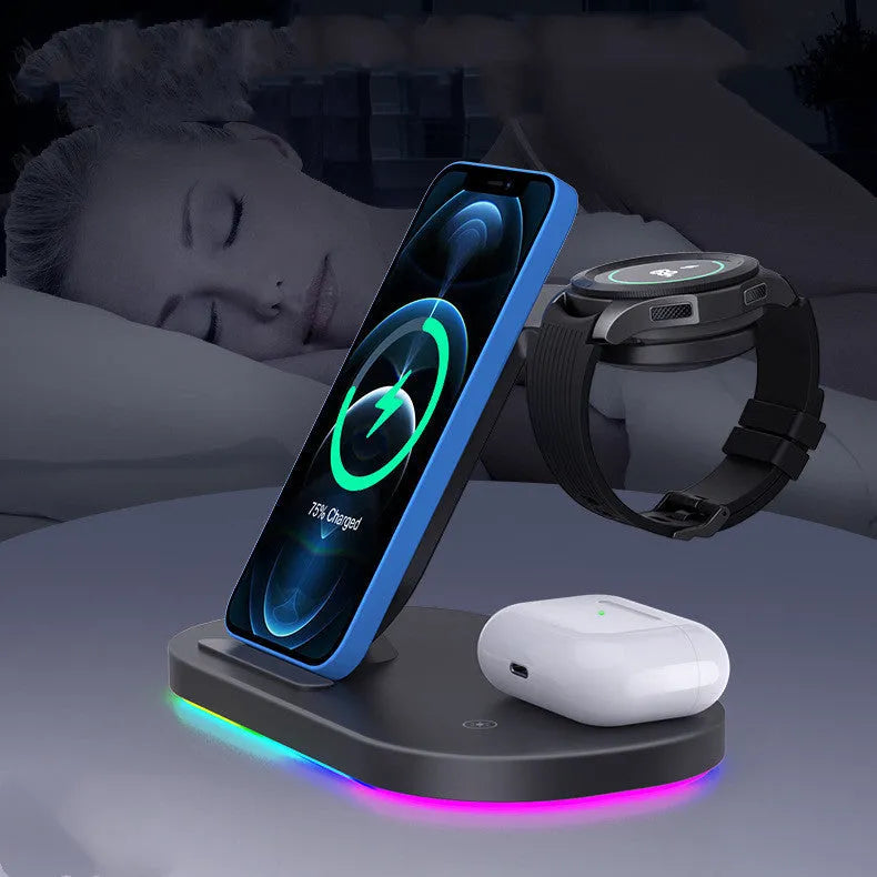 Three-in-one fast wireless charging station for mobile phones, smartwatches, and headphones in black or white