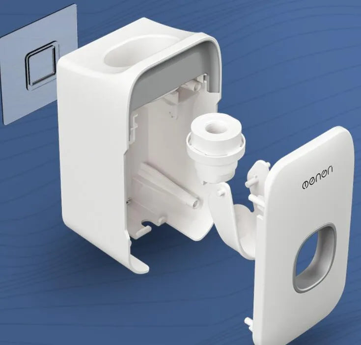 Blue, grey, and pink automatic toothpaste dispenser made of ABS plastic for wall mounting