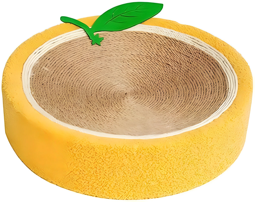 Yellow round sisal cat scratching board and bed with a concave centre for sleeping.
