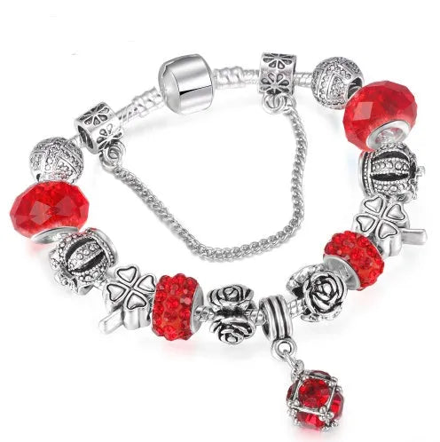 Multi-strand beaded bracelet with alloy, glazed, and crystal beads in six colour options and 18-21cm lengths