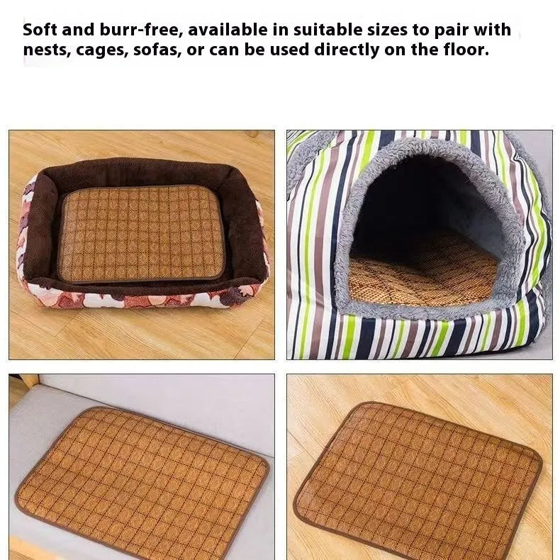 Brown rattan fibre cooling mat for dogs on a floor, showing its woven texture.