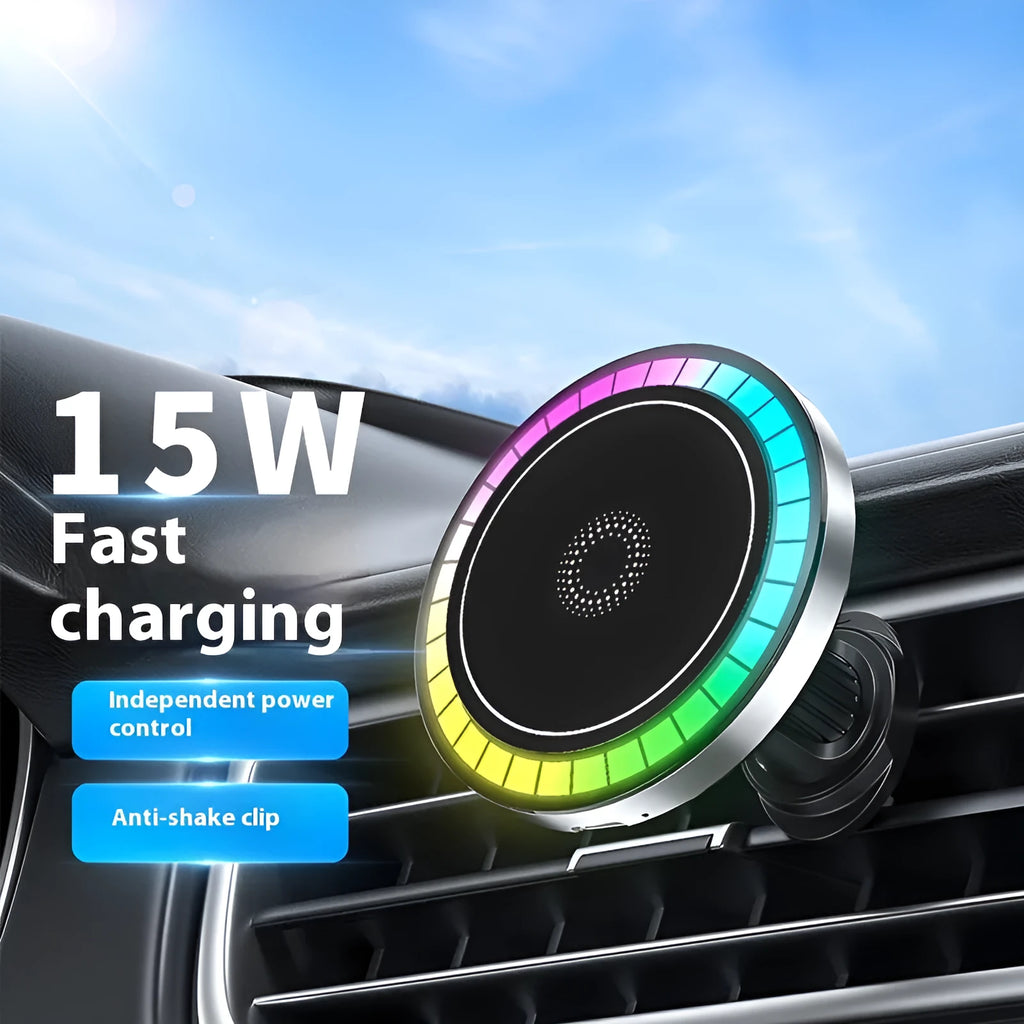 Black T58 magnetic car wireless charger with RGB ambient light on a vehicle dashboard