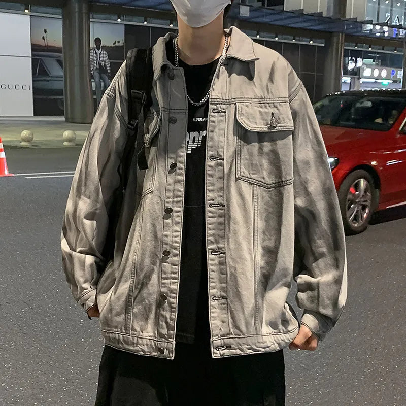 Men's loose-fit tie-dye denim coat in gray with side pockets, autumn style, Hong Kong influence