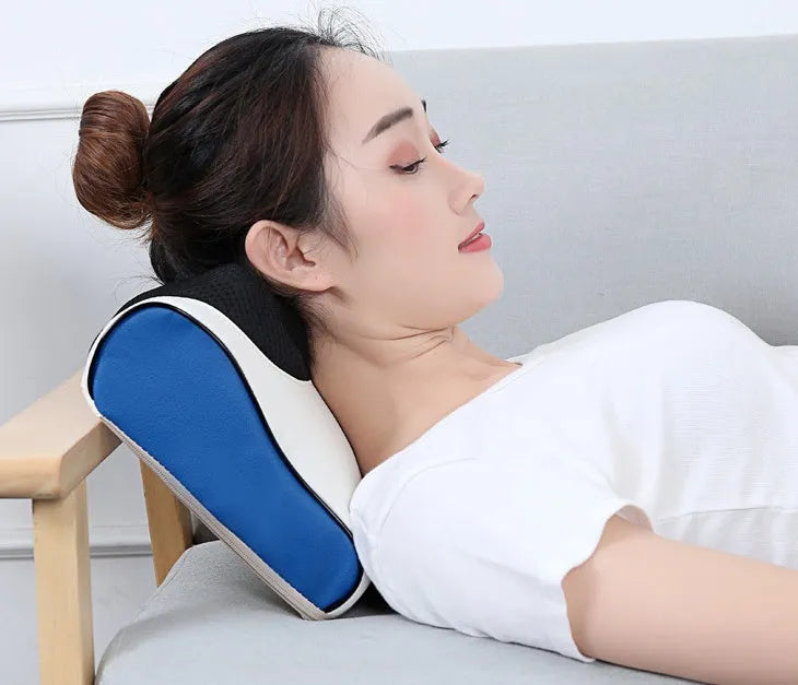 Electric cervical massage pillow with 16 heads in beige, rectangular trapezoid shape with computer control panel