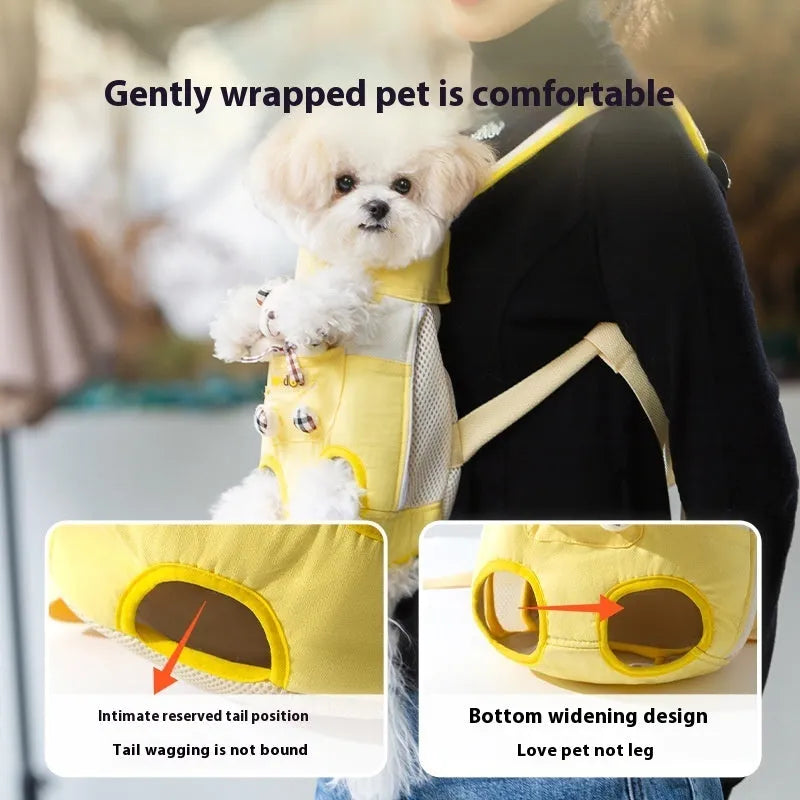 Cartoon animal pattern pet chest bag in soft canvas with decorative ribbon details