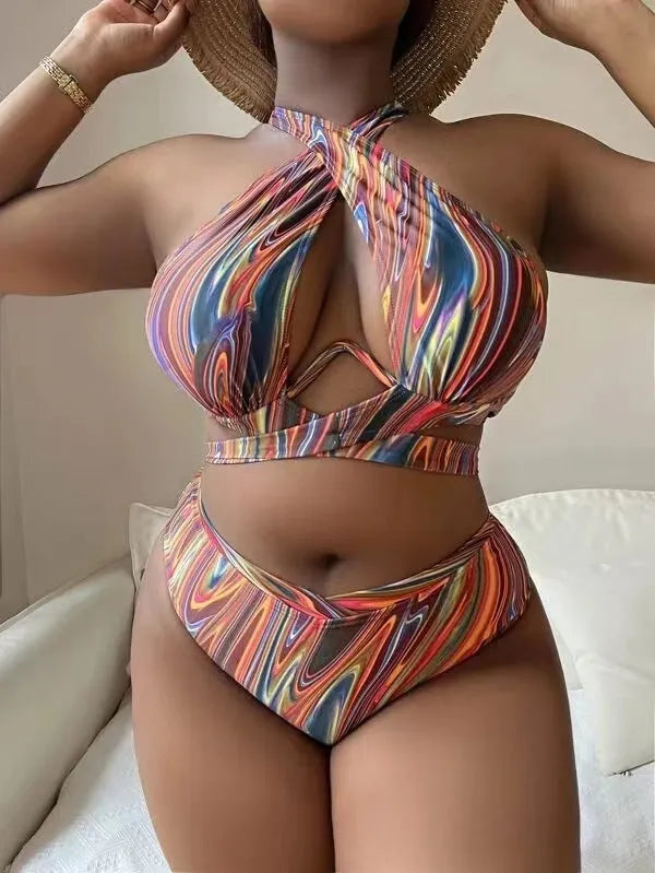 Women's high waist floral print bikini swimsuit in plus sizes for swimming