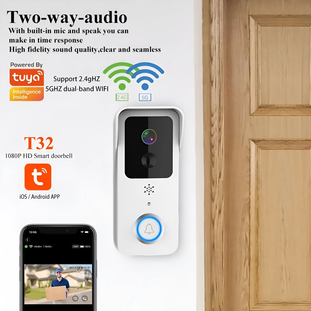 Black and white smart waterproof visual doorbell with HD camera for remote app intercom.