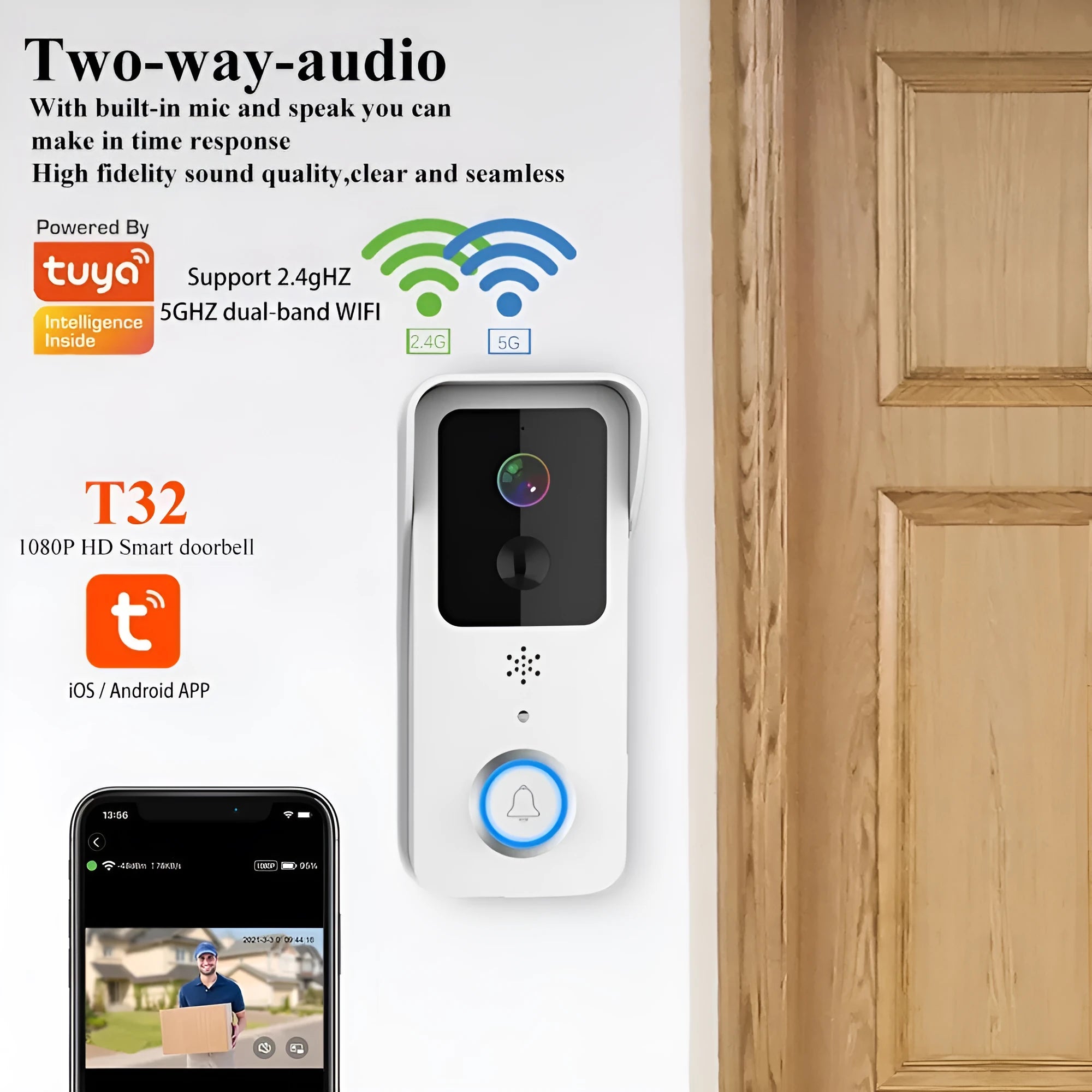 Black and white smart waterproof visual doorbell with HD camera for remote app intercom.