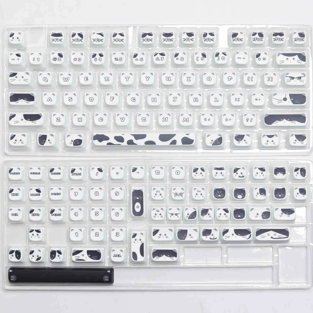 Black and white kitten sublimation key cap set for mechanical keyboards, PBT material, MAO height, full set of 26 key caps
