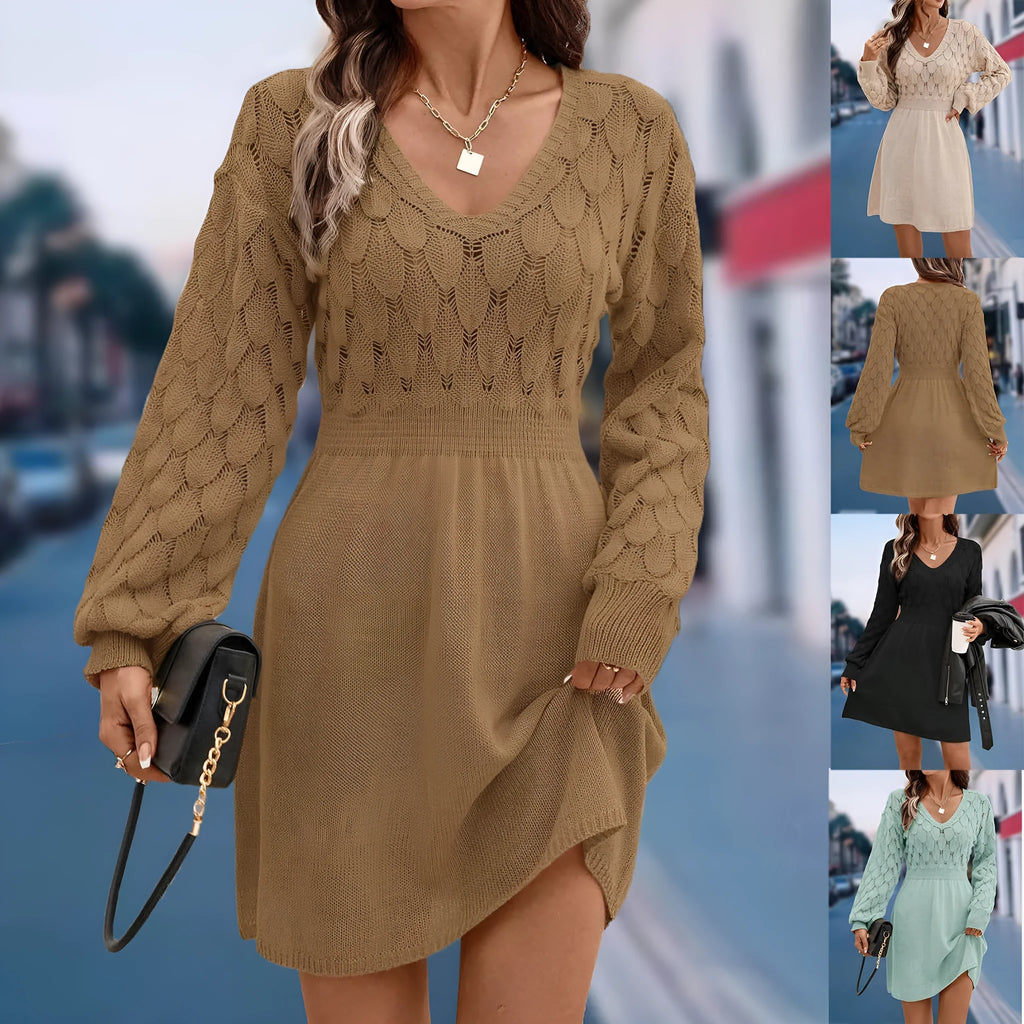Women's long sleeve V-neck dress in an artistic retro style with a 3D pattern.