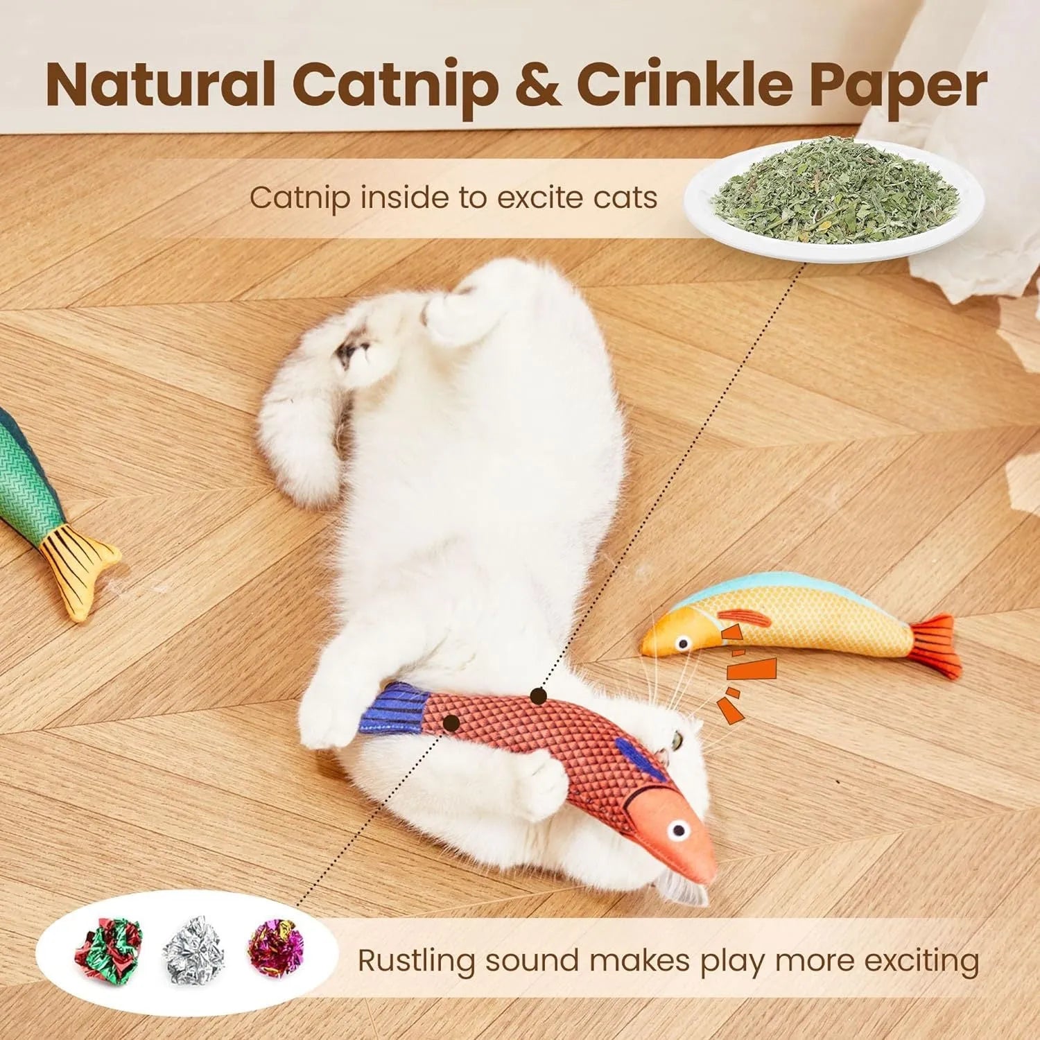 Soft plush saury fish cat toy with catnip filling and crinkle sounds in green colour