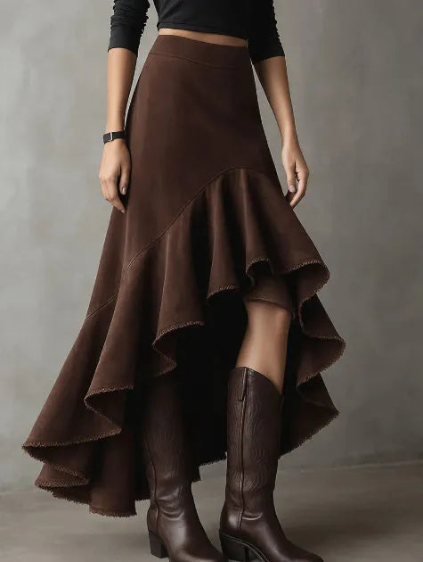 Brown high-low ruffle maxi skirt on hanger showing asymmetric hemline