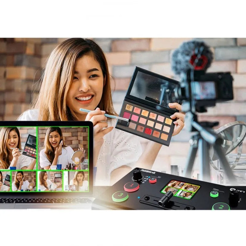 RGBLINK 4-input 1-output HDMI video switcher with TFT screen and audio input ports