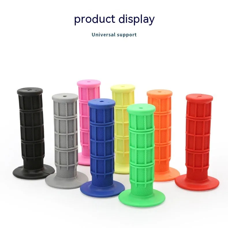 Pair of rubber motorcycle handle grip covers in multiple colour options on a black background.