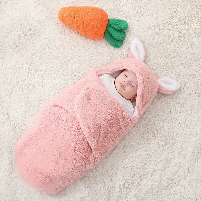 Baby wearing a grey adjustable fleece swaddle sleep sack with velcro wings