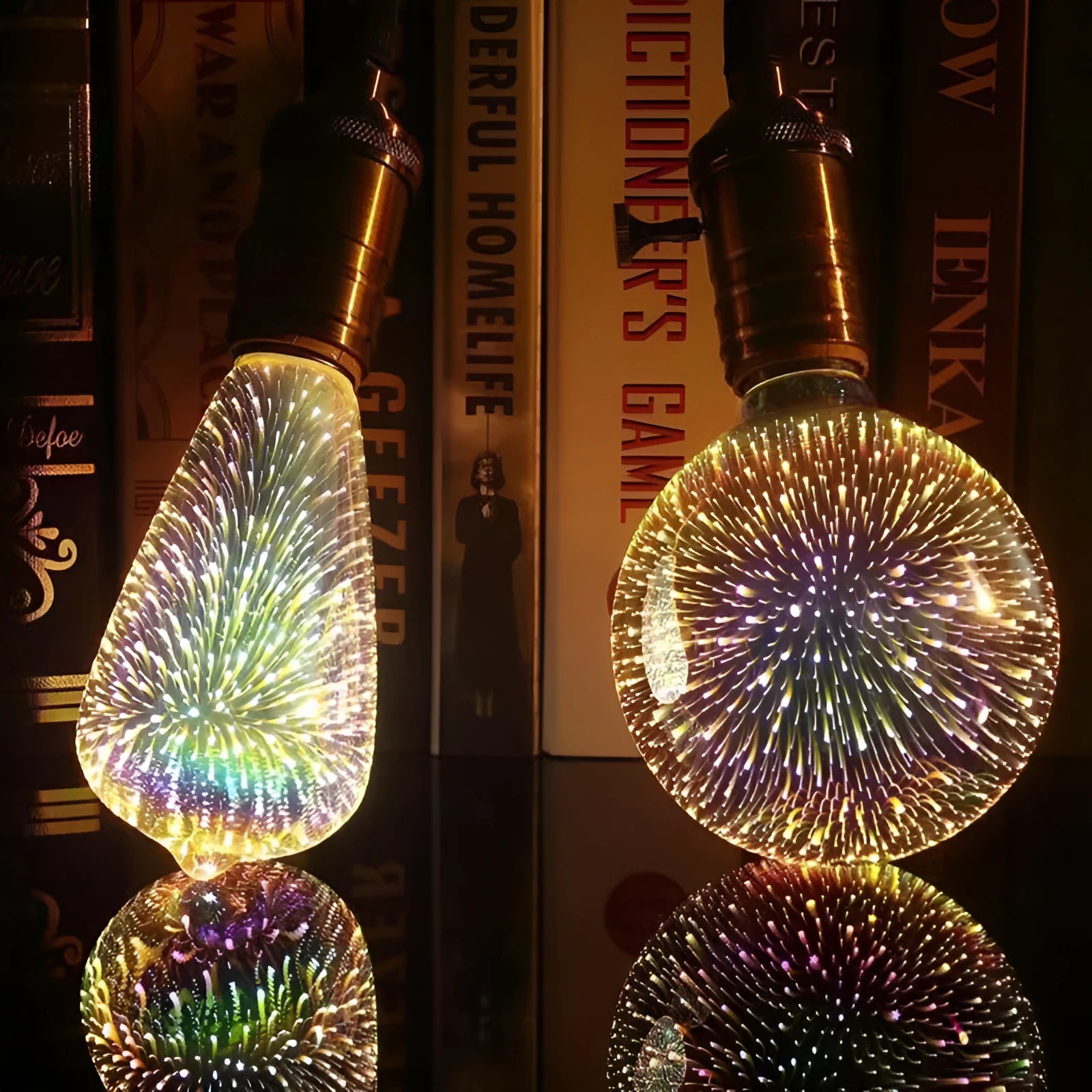 LED decorative light bulb with 3D firework projection effect and E27 screw base.
