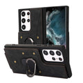 Samsung leather-style phone case with finger ring buckle, card slot and stand bracket in black