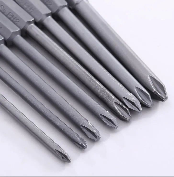JAPAN SEALS set of eight long 75mm magnetic Phillips screwdriver bits on a white background