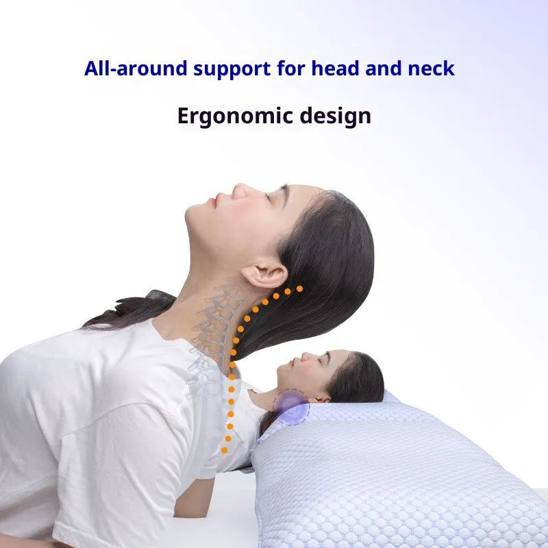Household cervical memory foam pillow in size 63x36x13.5cm with ergonomic shape and air layer cover on bed