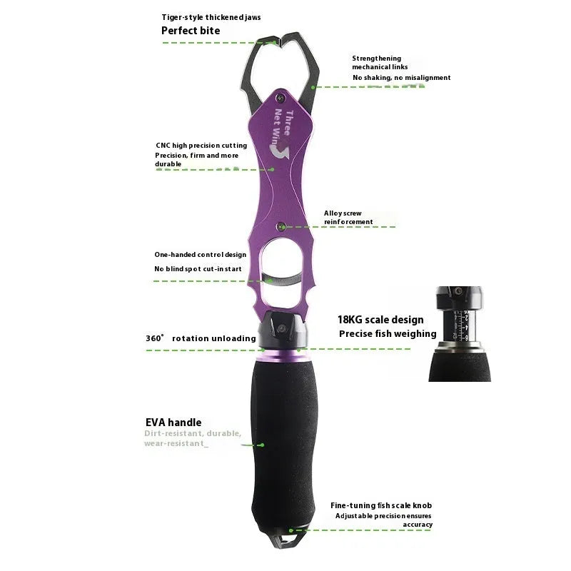 Gray aluminum alloy multifunctional fish tongs with weighing control scale and EVA handle, 288mm