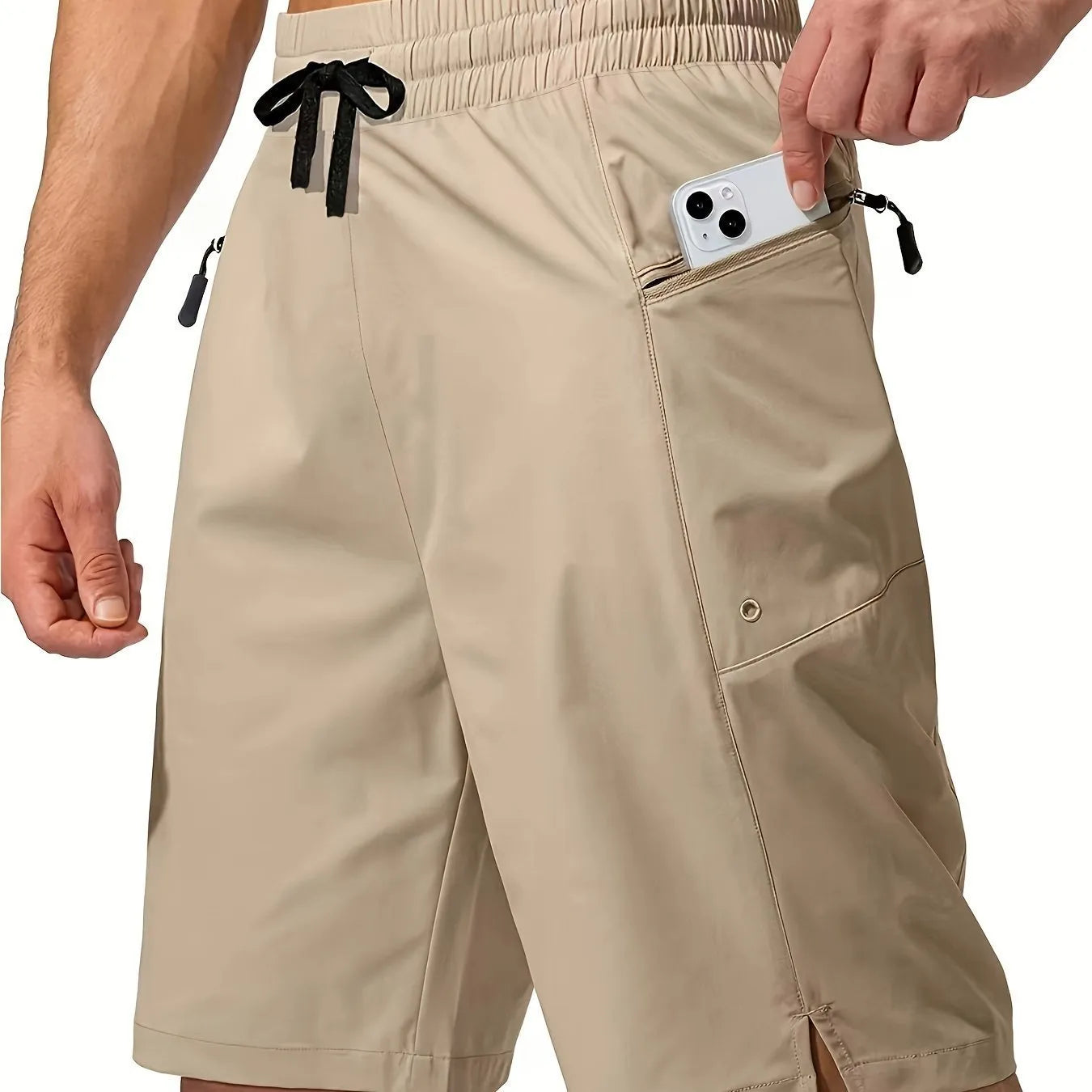 Men's quick-dry polyester beach shorts shown in multiple colour options with straight leg cut.