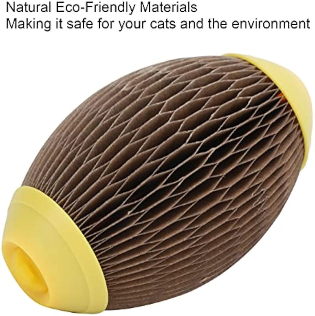 Elliptical corrugated paper catnip ball toy for scratching and play.
