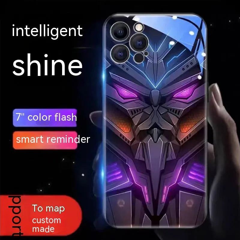 Glass phone case with light-emitting mech cartoon design for Apple iPhone