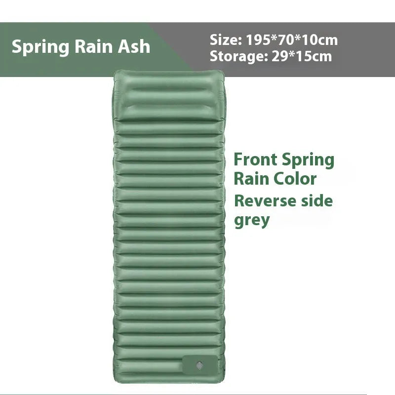 Portable inflatable camping mattress in grey colour options showing expanded size of 195cm length