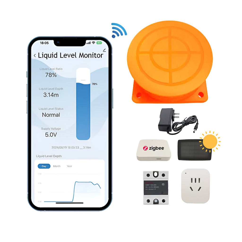 Moray ME201W white wireless ultrasonic fluid level sensor for water and oil tanks with antenna and power cable
