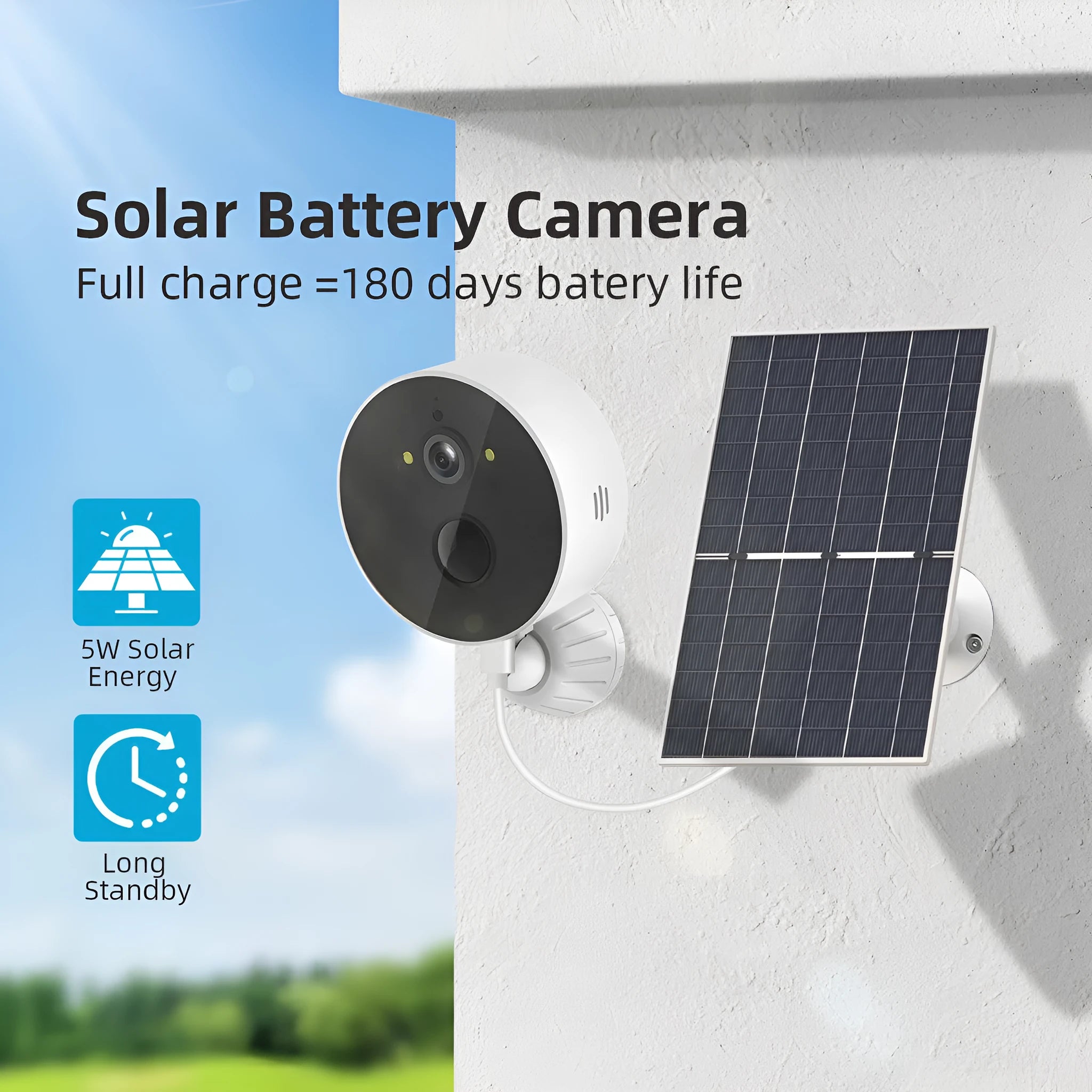 Solar-powered outdoor security camera with separate solar panel unit
