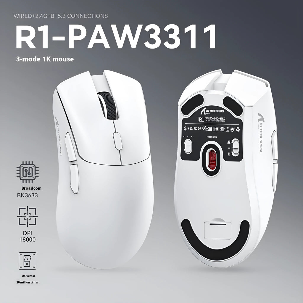Attack Shark wireless Bluetooth mouse in black, white, or red colours, shown next to a laptop.