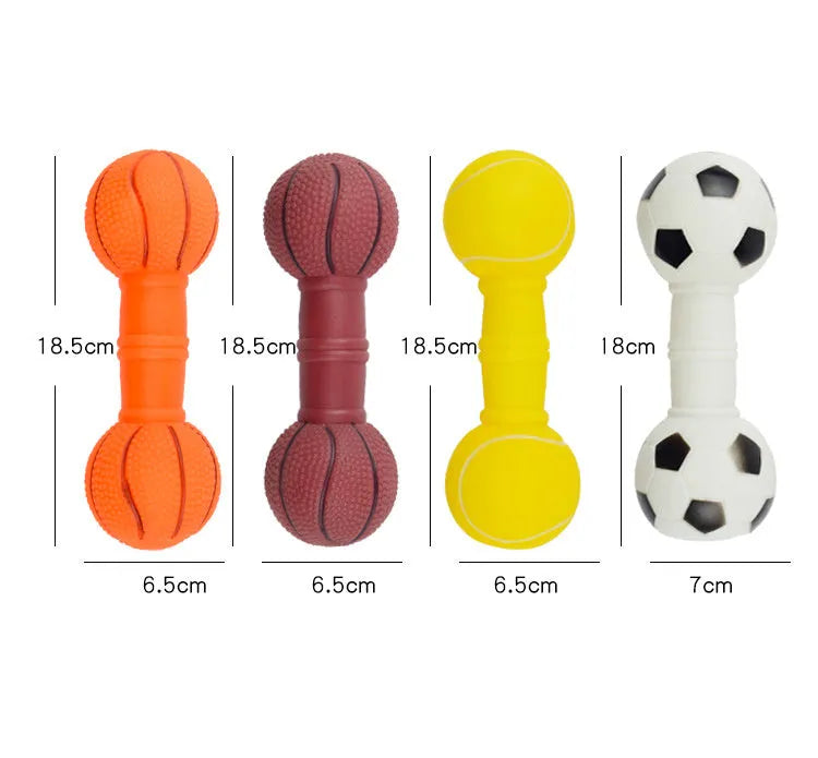 Football dumbbell shaped dog squeaky chew toy in multiple colours