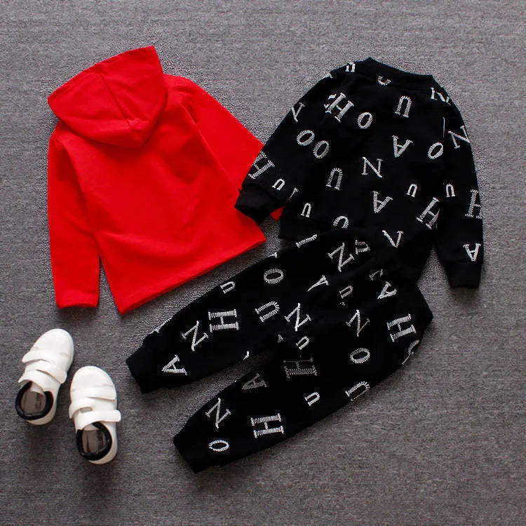Red and white long sleeve children's clothing set made from polyester and vinylon blend fabric